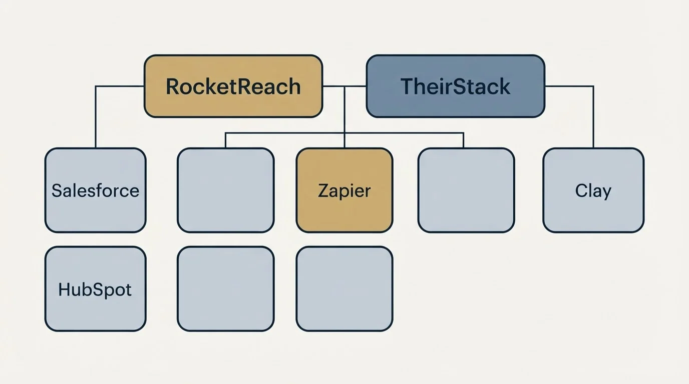 Integration grid: Integration Ecosystem (RocketReach, TheirStack, Zapier, Salesforce)