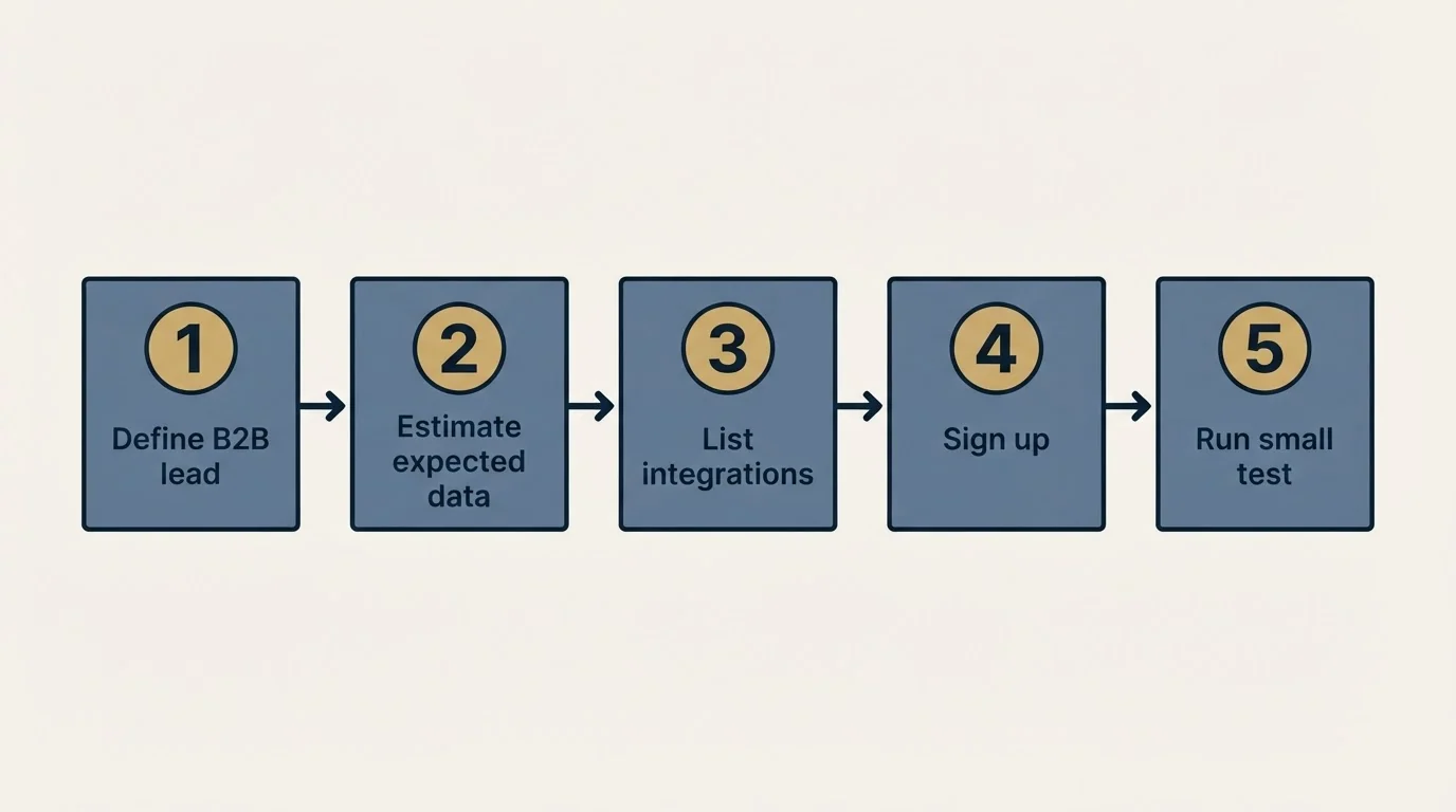 Step sequence: Getting Started Checklist (Define B2B lead, Estimate expected data, List integrations, Sign up)