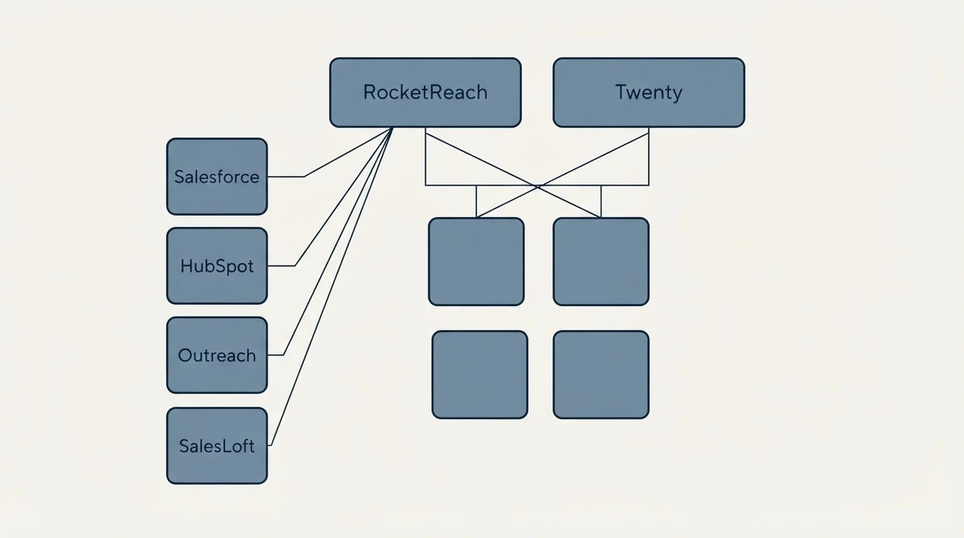 Integration grid: Integration Ecosystem (RocketReach, Twenty, Salesforce, HubSpot)
