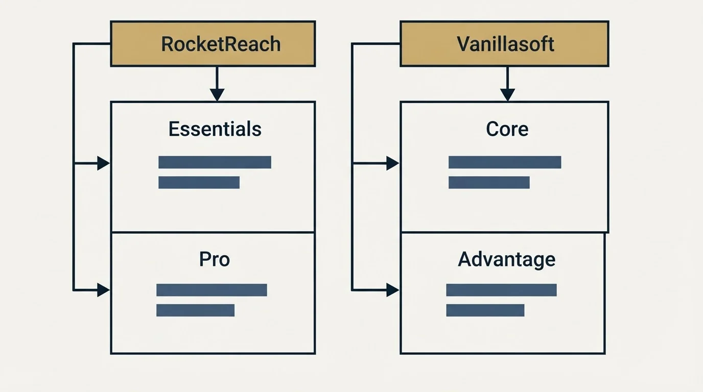 Pricing table: Pricing Comparison (RocketReach, Vanillasoft, Essentials, Core)