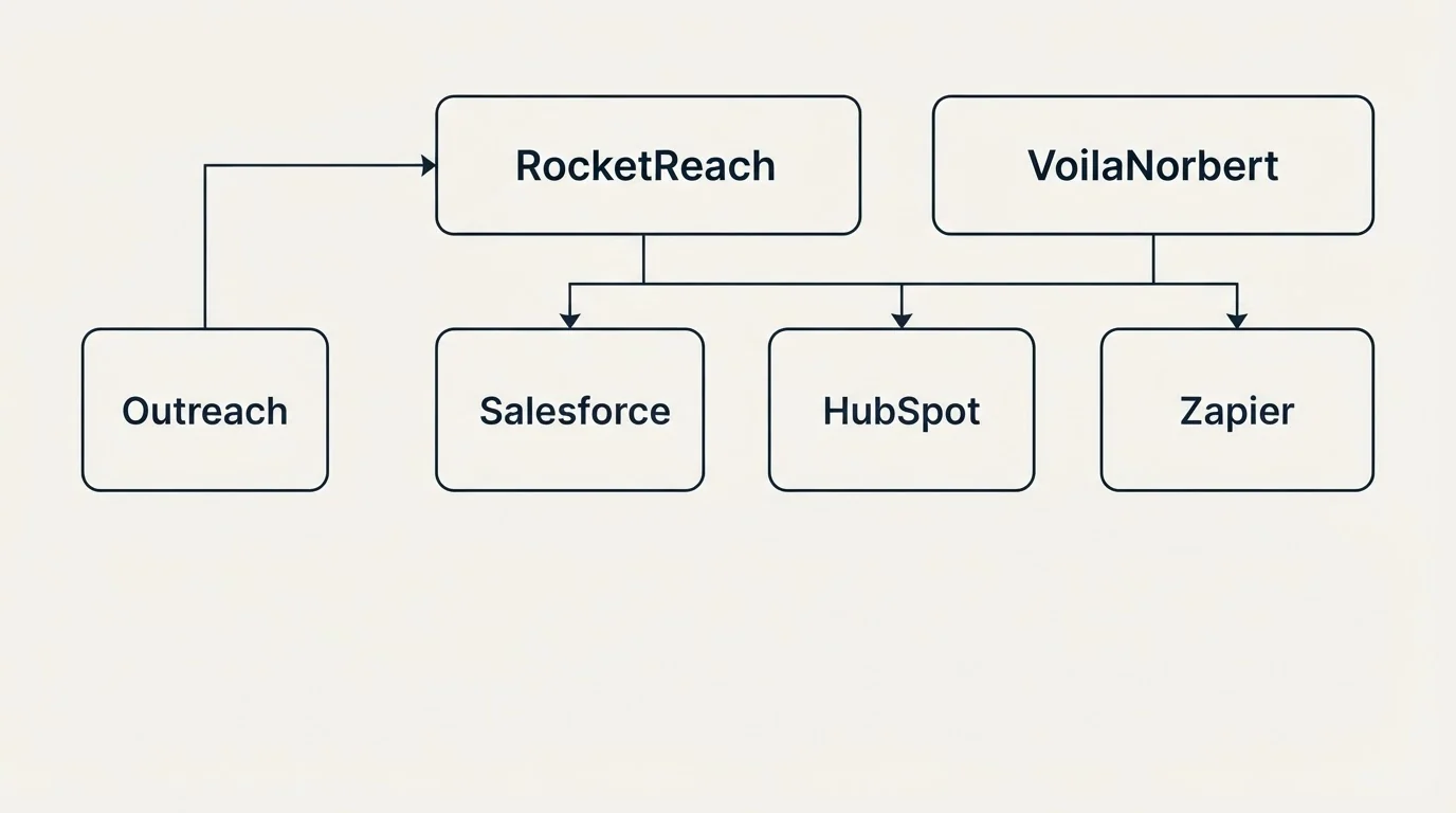 Integration grid: Integration Ecosystem (RocketReach, VoilaNorbert, Salesforce, HubSpot)