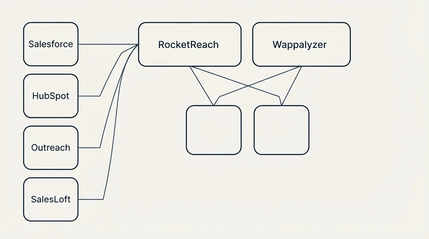 Integration grid: Integration Ecosystem (RocketReach, Wappalyzer, Salesforce, HubSpot)
