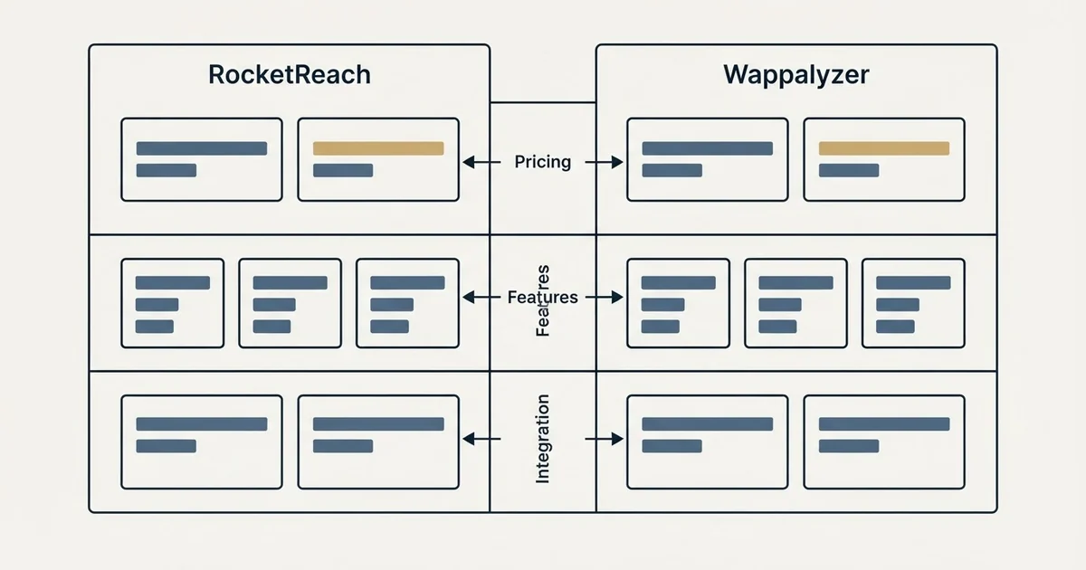 Comparison panel: RocketReach vs Wappalyzer (Pricing, Features, Integration)