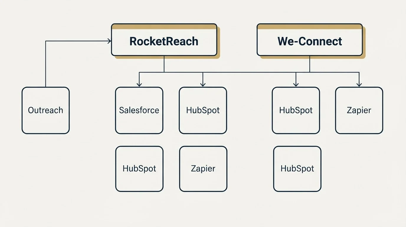 Integration grid: Integration Ecosystem (RocketReach, We-Connect, Salesforce, HubSpot)