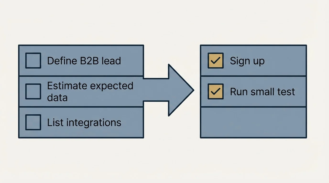 Before-and-after steps: Getting Started Checklist (Define B2B lead, Estimate expected data, List integrations, Sign up)