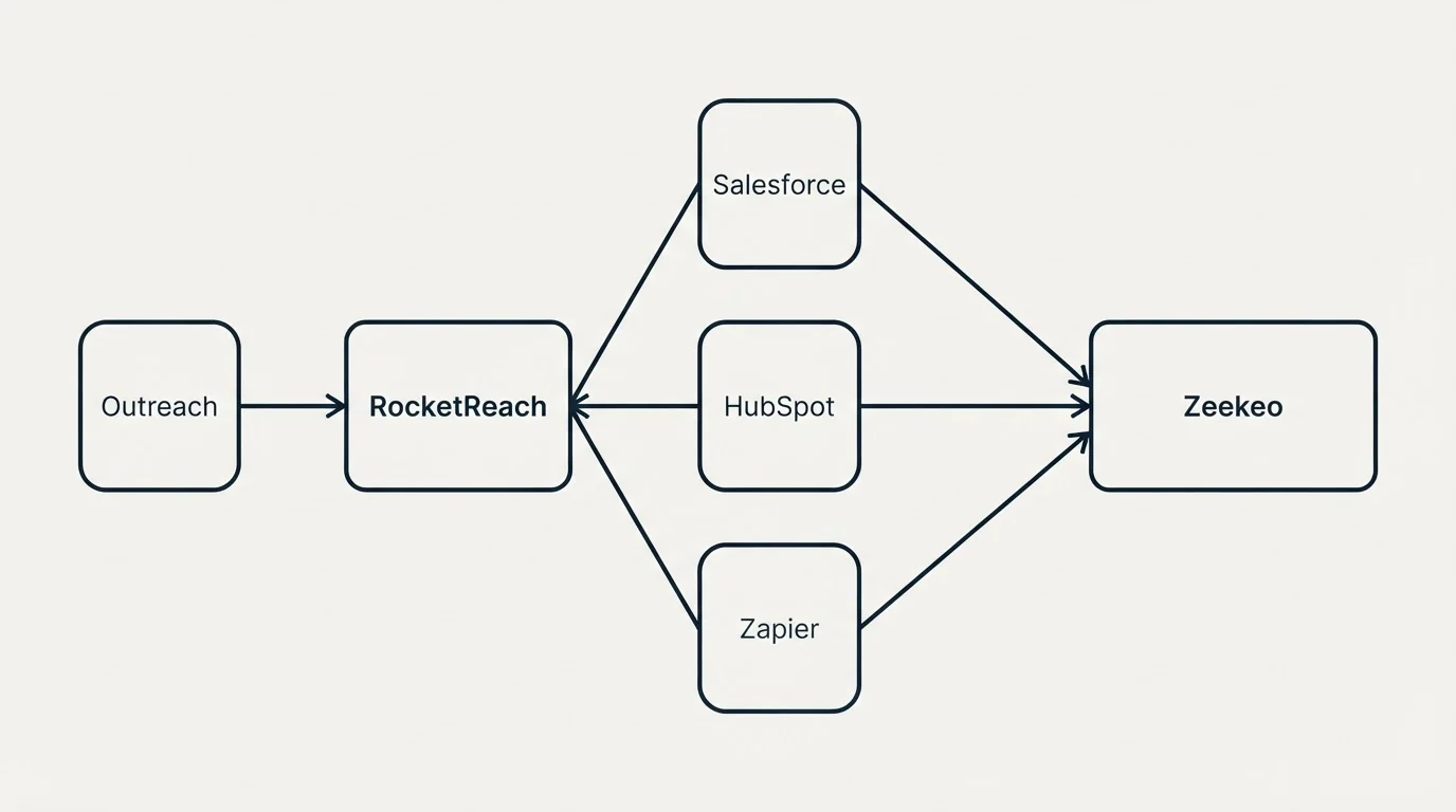 Integration schematic: Integration Ecosystem (RocketReach, Zeekeo, Salesforce, HubSpot)