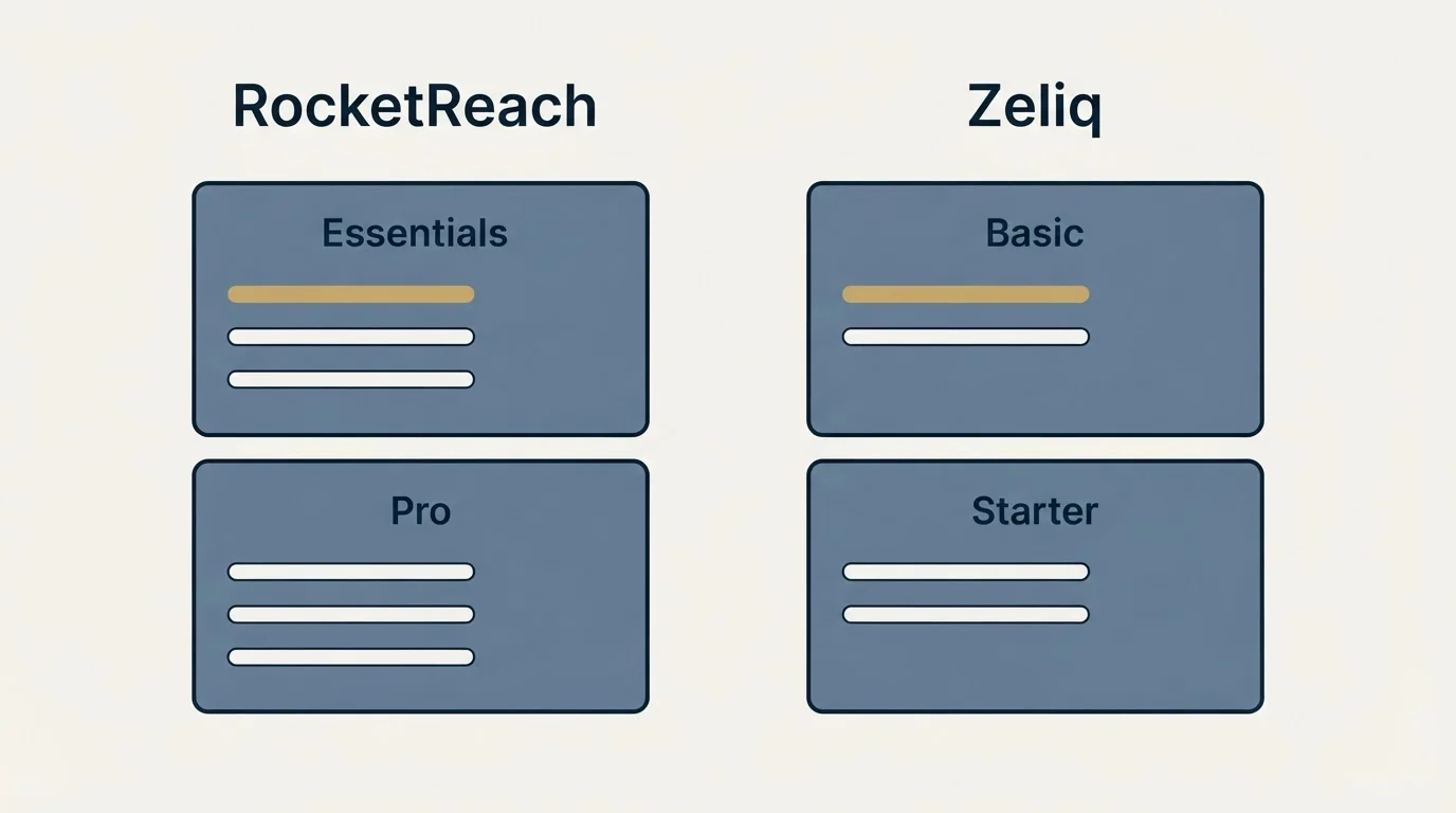 Pricing panels: Pricing Comparison (RocketReach, Zeliq, Essentials, Basic)