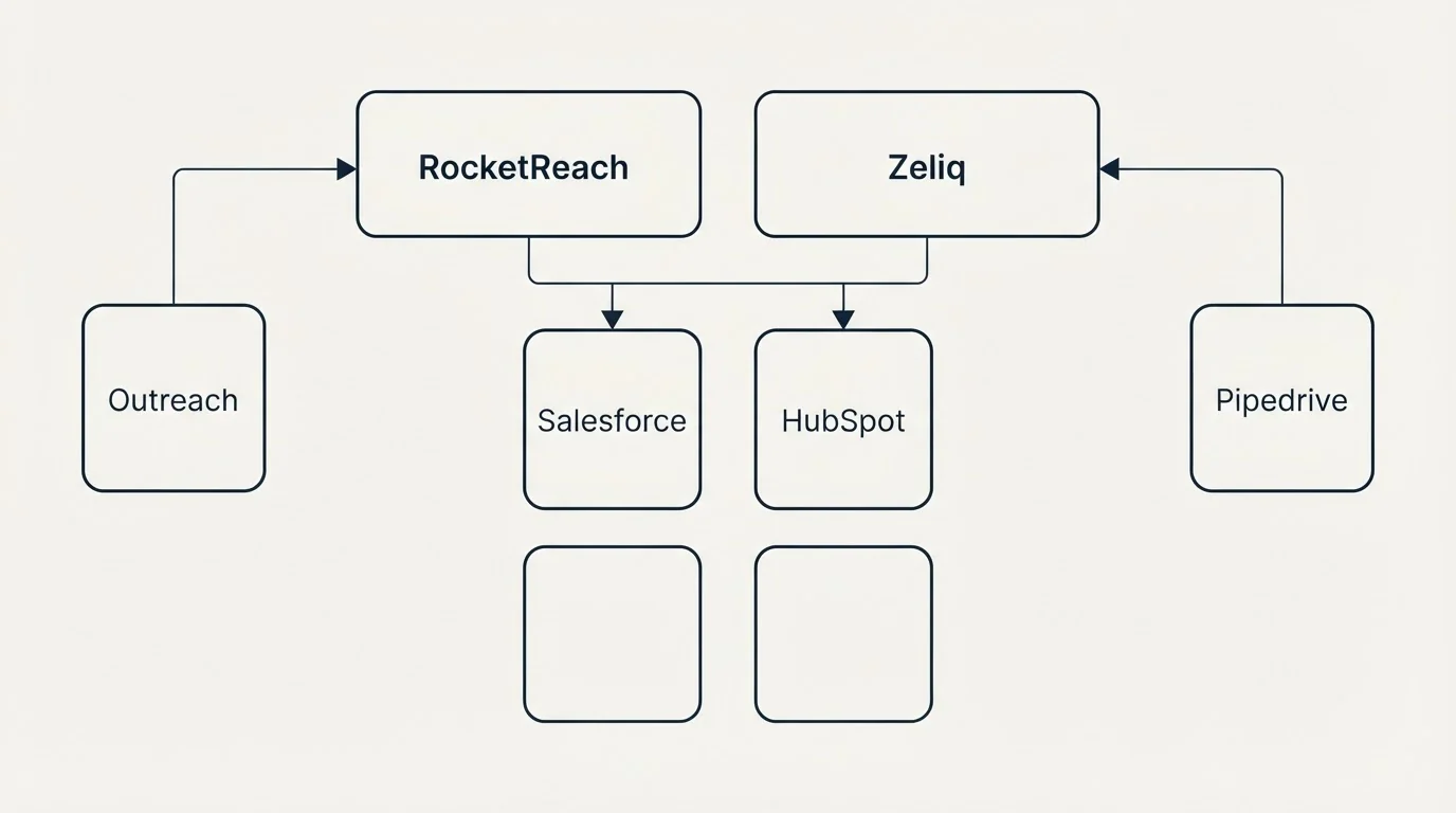 Integration grid: Integration Ecosystem (RocketReach, Zeliq, Salesforce, HubSpot)