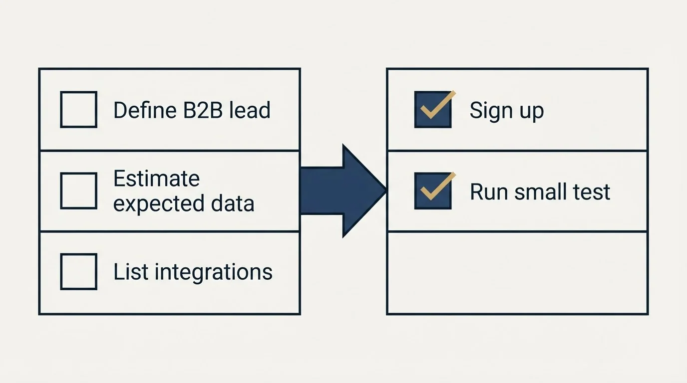 Before-and-after steps: Getting Started Checklist (Define B2B lead, Estimate expected data, List integrations, Sign up)