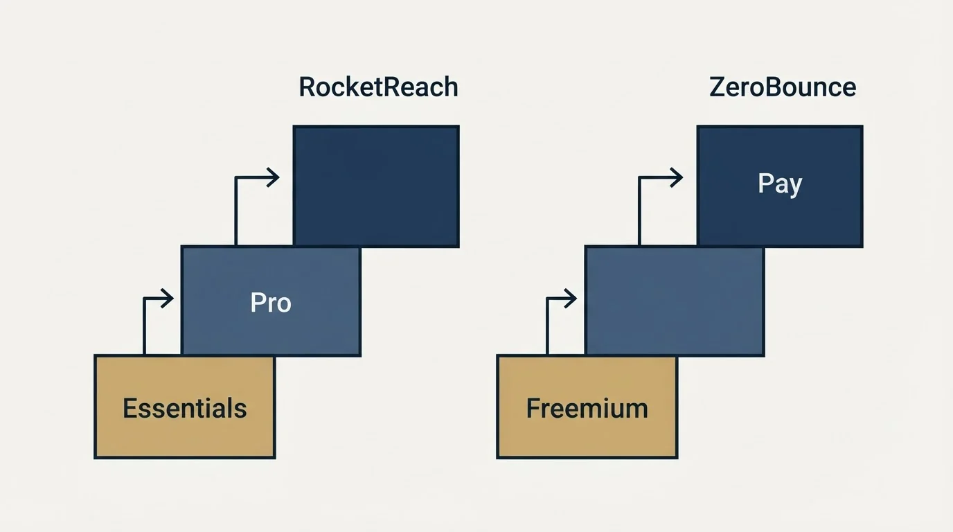 Pricing ladder: Pricing Comparison (RocketReach, ZeroBounce, Essentials, Freemium)