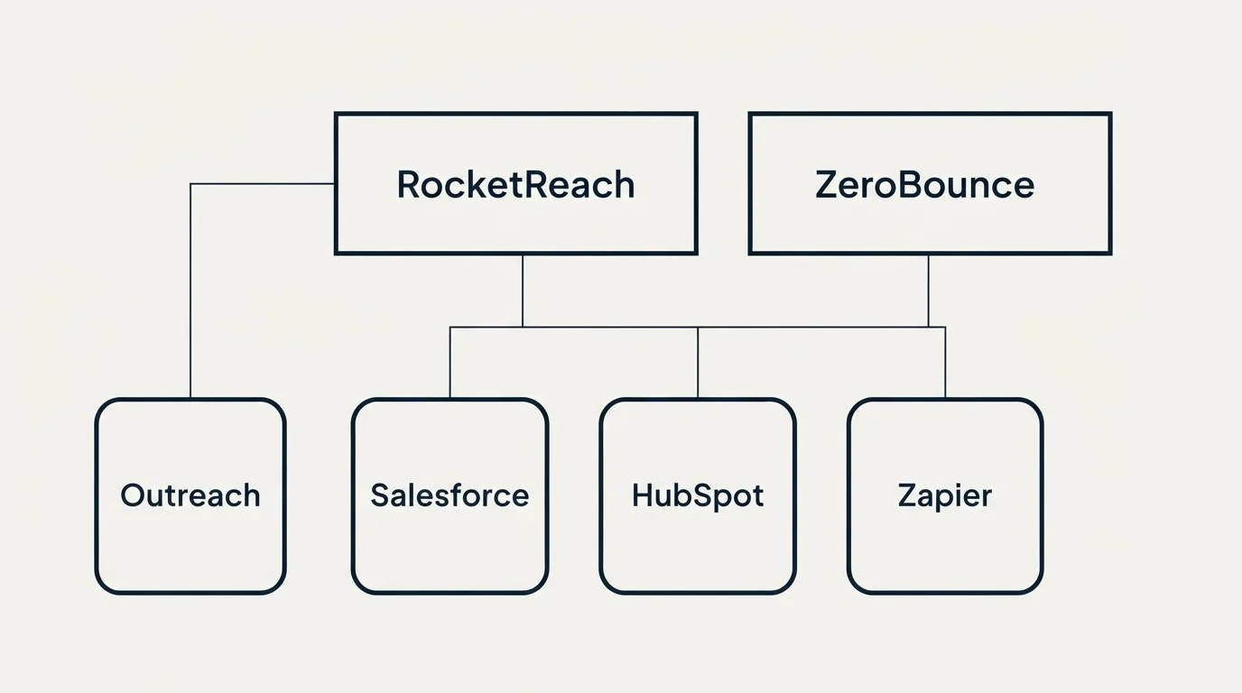 Integration grid: Integration Ecosystem (RocketReach, ZeroBounce, Salesforce, HubSpot)
