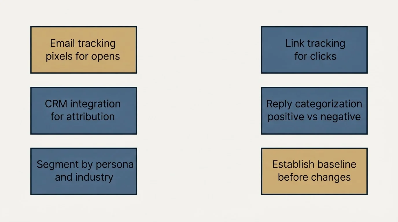 Schematic: How to Measure Your Own Performance (Email tracking pixels for opens, Link tracking for clicks, CRM integration for attribution, Reply categorization positive vs negative)