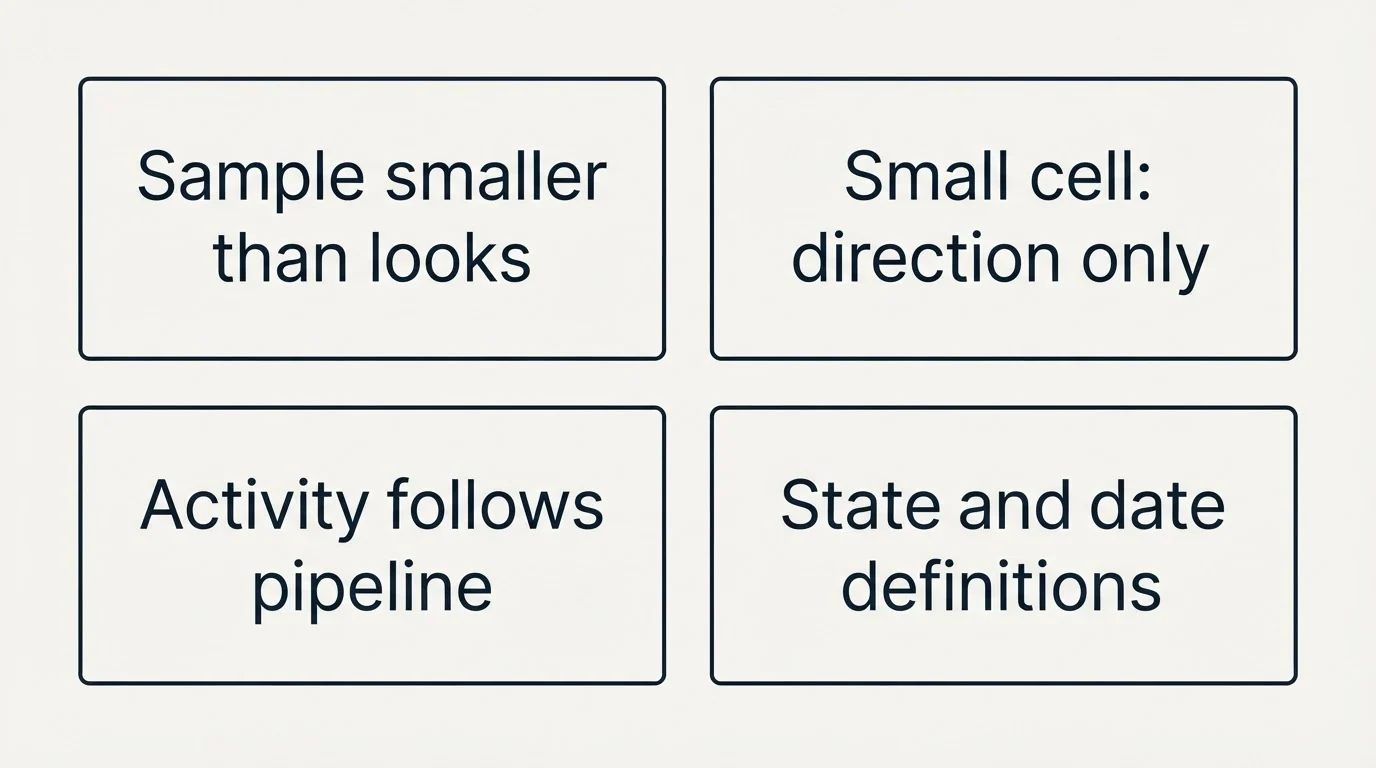 Schematic: Why it matters: the sample is smaller than it looks (Sample smaller than looks, Small cell: direction only, Activity follows pipeline, State and date definitions)