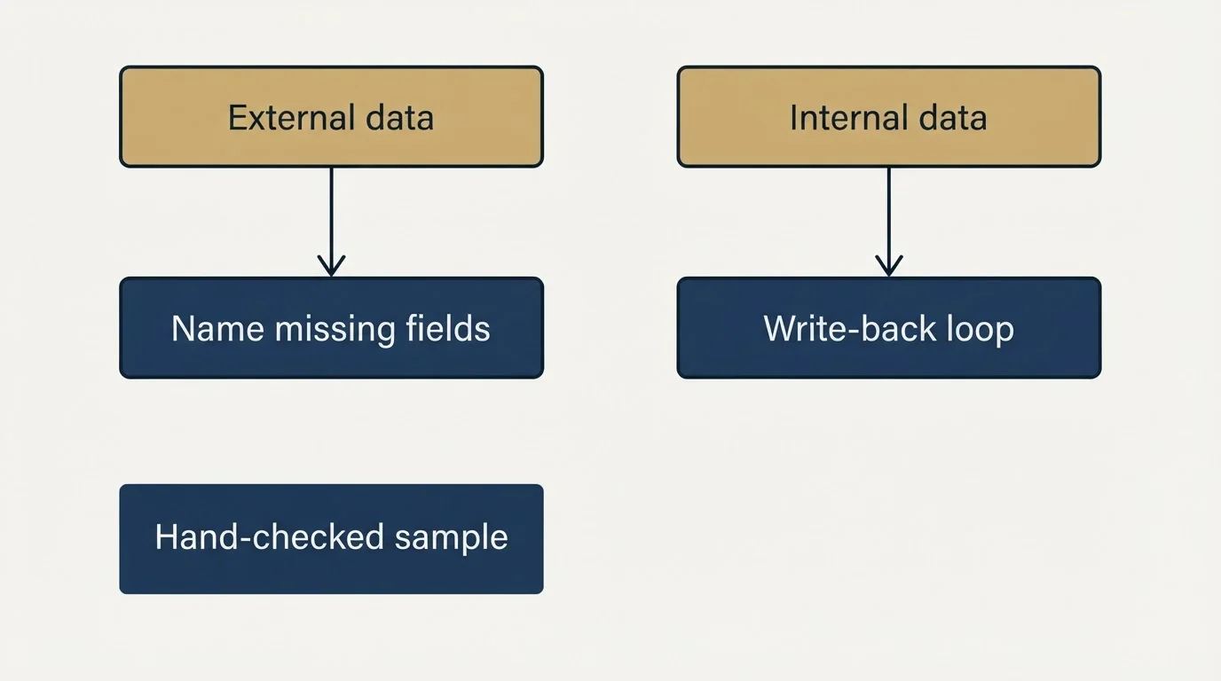 Schematic: What to do with it (External data, Name missing fields, Internal data, Write-back loop)