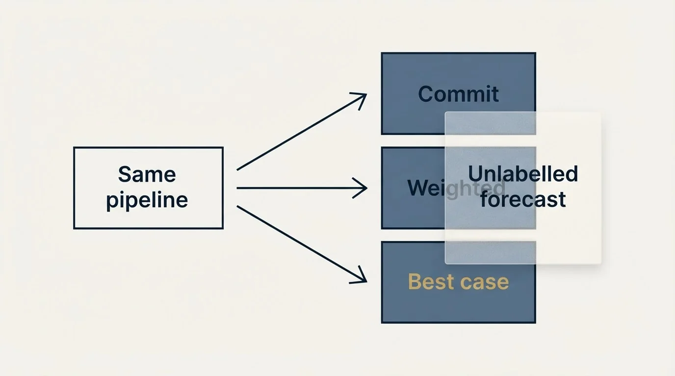 Schematic: Why it matters: an unlabelled forecast is three numbers at (Same pipeline, Commit, Weighted, Best case)