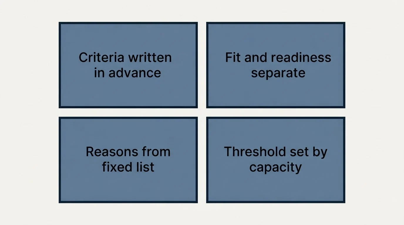 Schematic: Why it matters, and the part most teams skip (Criteria written in advance, Fit and readiness separate, Reasons from fixed list, Threshold set by capacity)