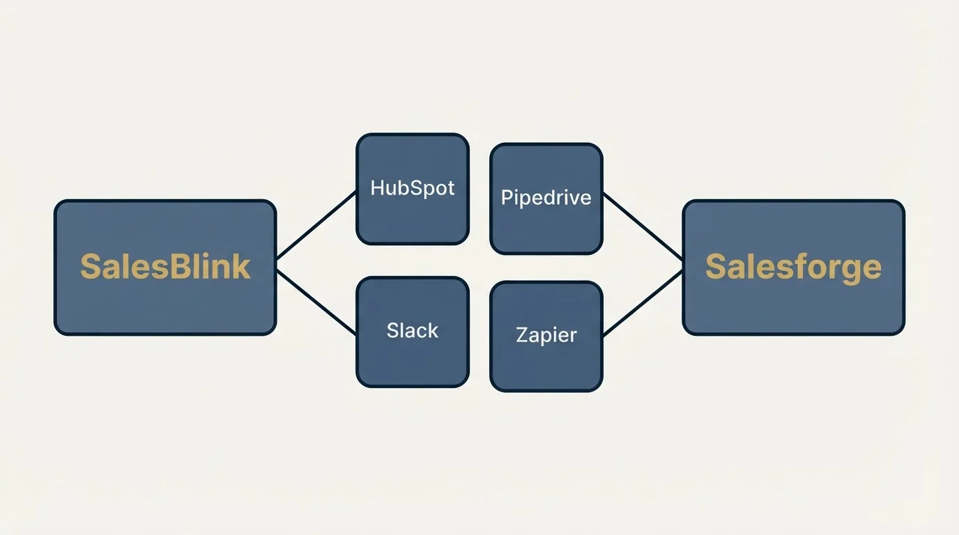 Integration schematic: Integration Ecosystem (SalesBlink, Salesforge, HubSpot, Pipedrive)