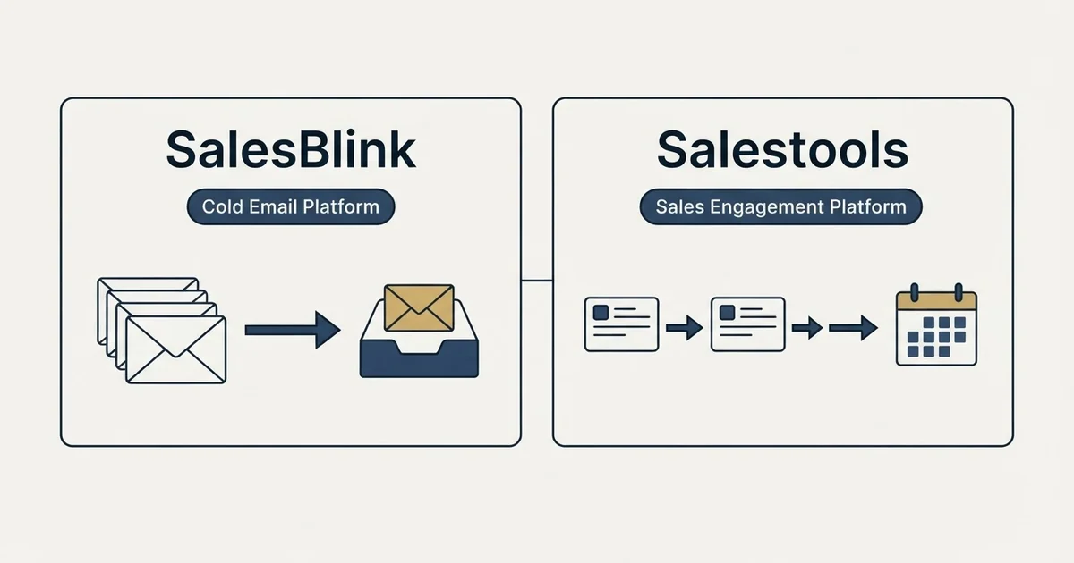 Side-by-side panels: SalesBlink vs Salestools (Cold Email Platform, Sales Engagement Platform)