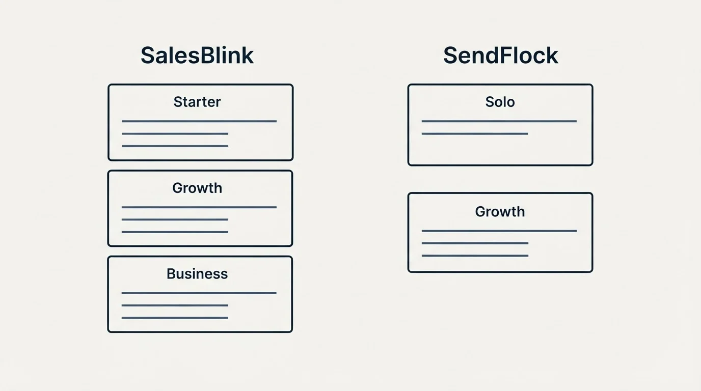 Pricing panels: Pricing Comparison (SalesBlink, SendFlock, Starter, Solo)
