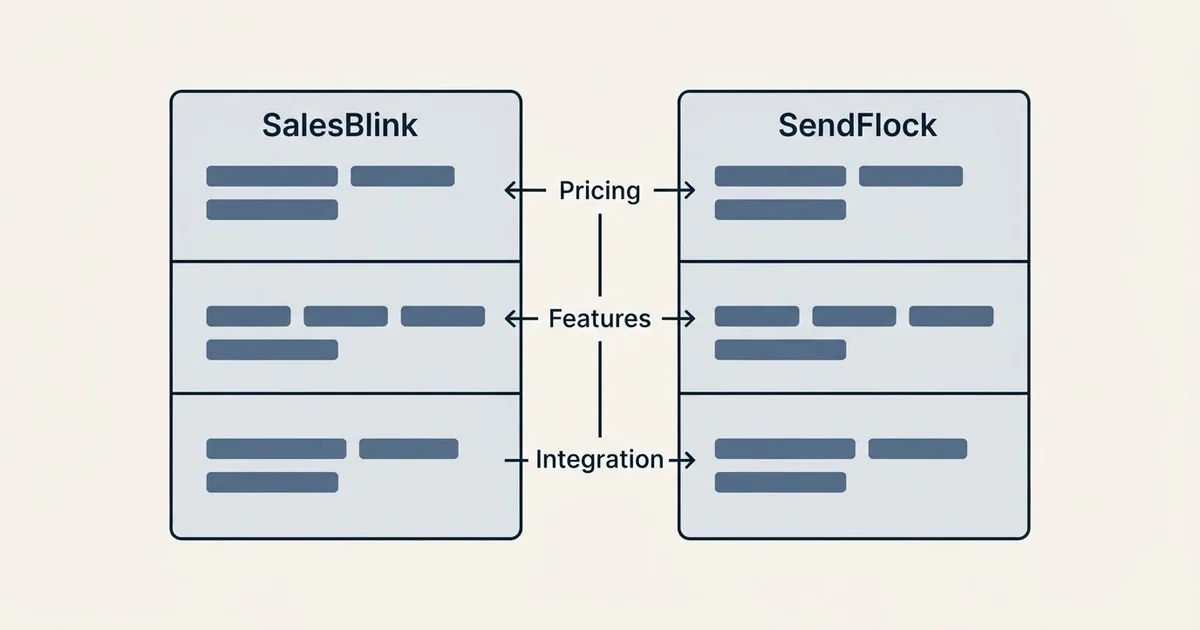 Comparison panel: SalesBlink vs SendFlock (Pricing, Features, Integration)