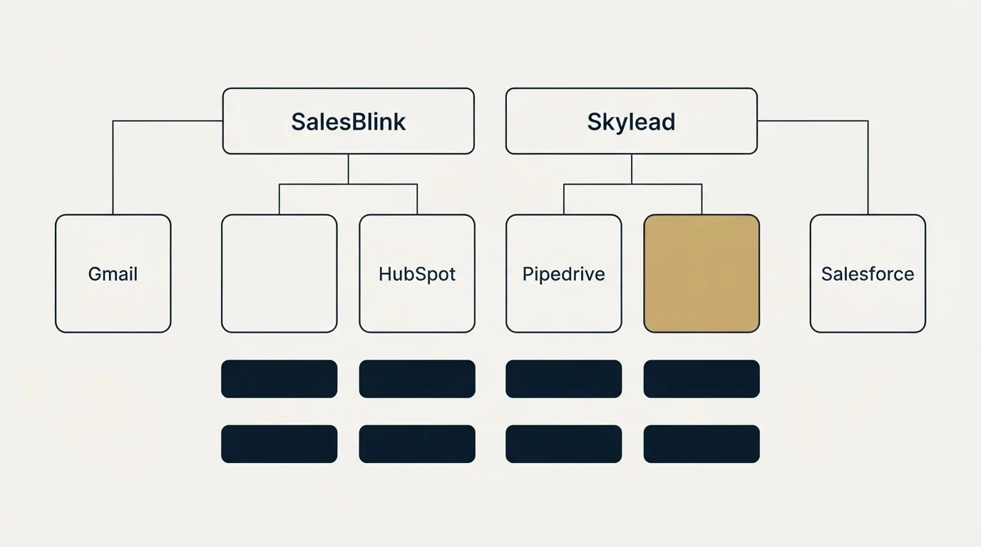 Integration grid: Integration Ecosystem (SalesBlink, Skylead, HubSpot, Pipedrive)
