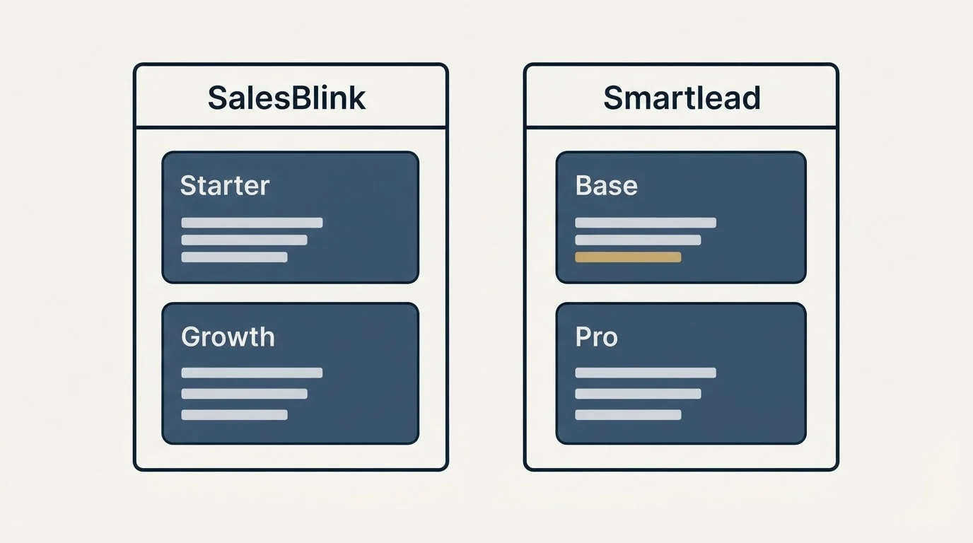 Pricing panels: Pricing Comparison (SalesBlink, Smartlead, Starter, Base)