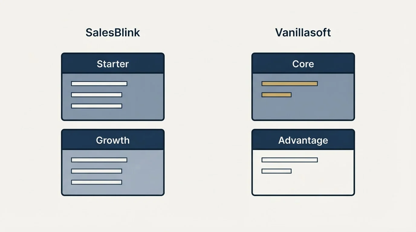 Pricing panels: Pricing Comparison (SalesBlink, Vanillasoft, Starter, Core)