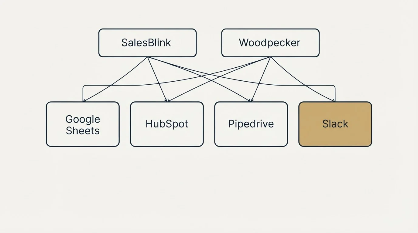 Integration grid: Integration Ecosystem (SalesBlink, Woodpecker, Google Sheets, HubSpot)