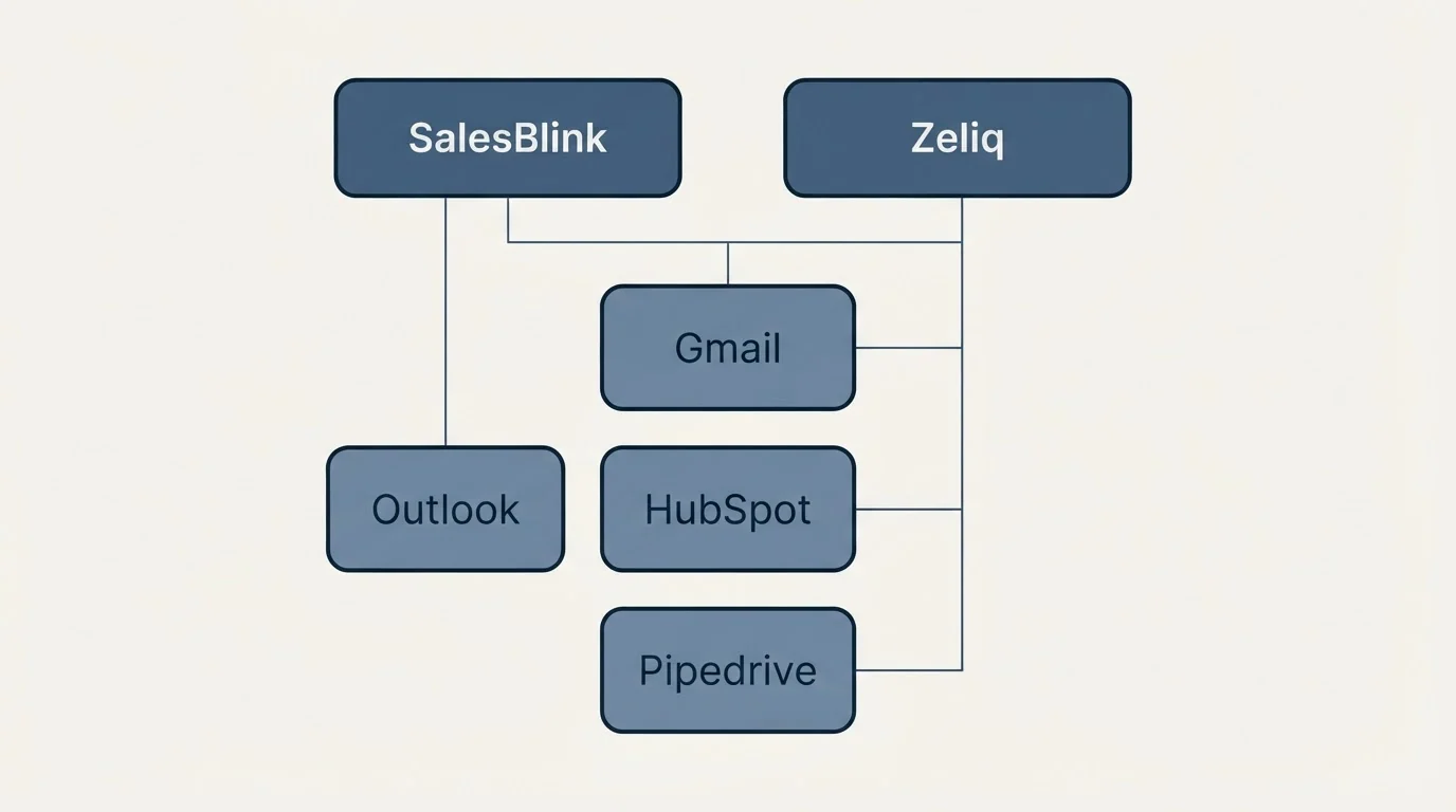 Integration grid: Integration Ecosystem (SalesBlink, Zeliq, Gmail, HubSpot)