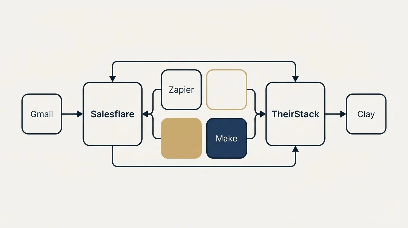 Integration schematic: Integration Ecosystem (Salesflare, TheirStack, Zapier, Make)