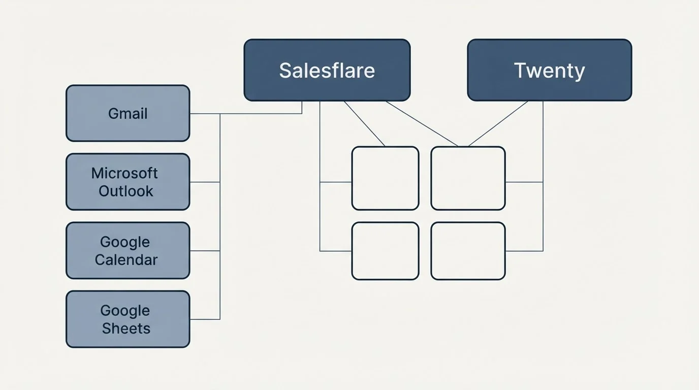 Integration grid: Integration Ecosystem (Salesflare, Twenty, Gmail, Microsoft Outlook)