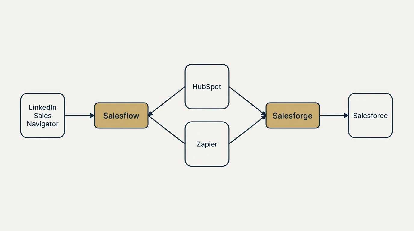 Integration schematic: Integration Ecosystem (Salesflow, Salesforge, HubSpot, Zapier)