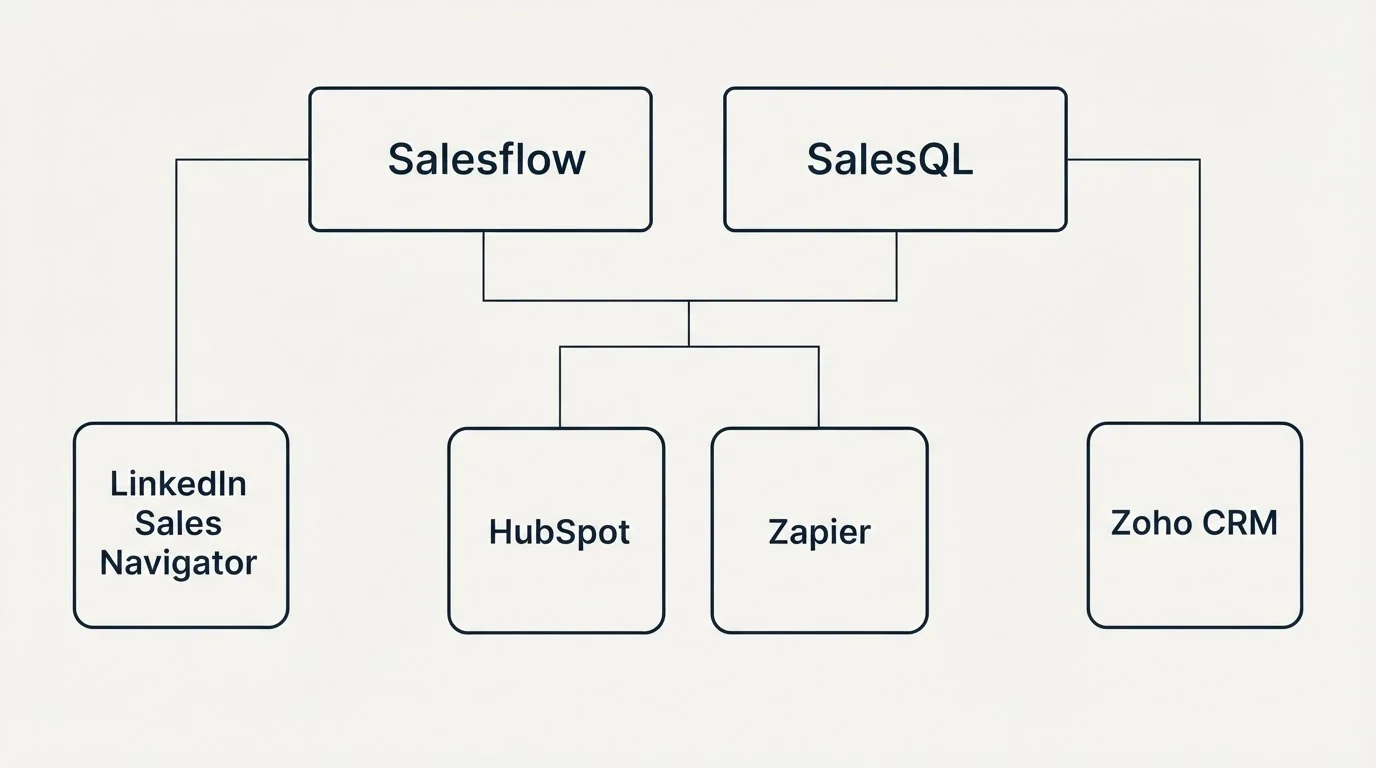 Integration grid: Integration Ecosystem (Salesflow, SalesQL, HubSpot, Zapier)