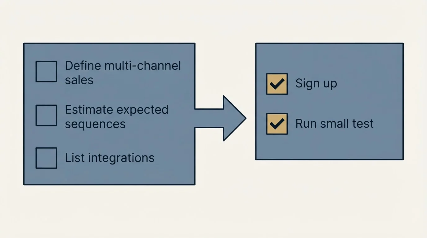 Before-and-after steps: Getting Started Checklist (Define multi-channel sales, Estimate expected sequences, List integrations, Sign up)