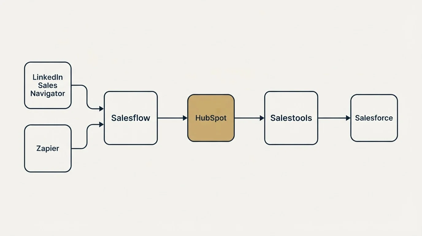 Integration schematic: Integration Ecosystem (Salesflow, Salestools, HubSpot, LinkedIn Sales Navigator)