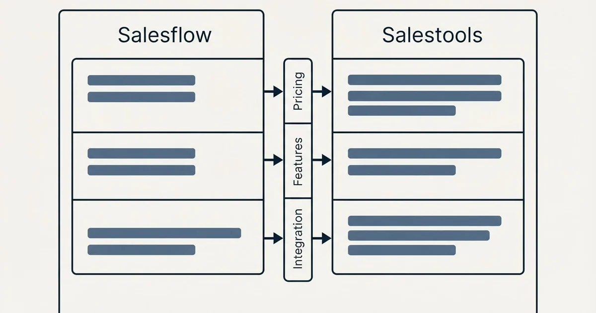 Comparison panel: Salesflow vs Salestools (Pricing, Features, Integration)