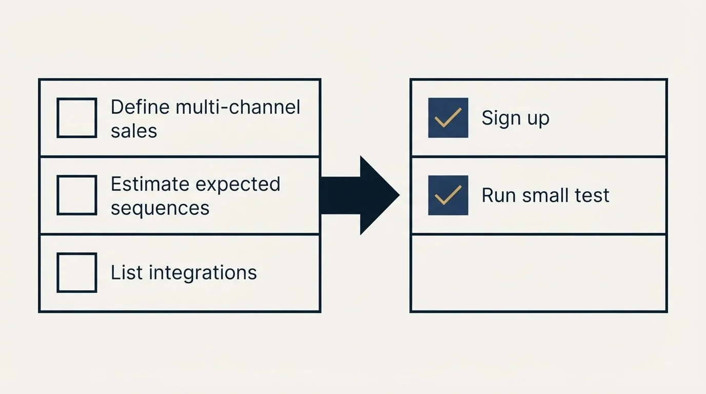 Before-and-after steps: Getting Started Checklist (Define multi-channel sales, Estimate expected sequences, List integrations, Sign up)