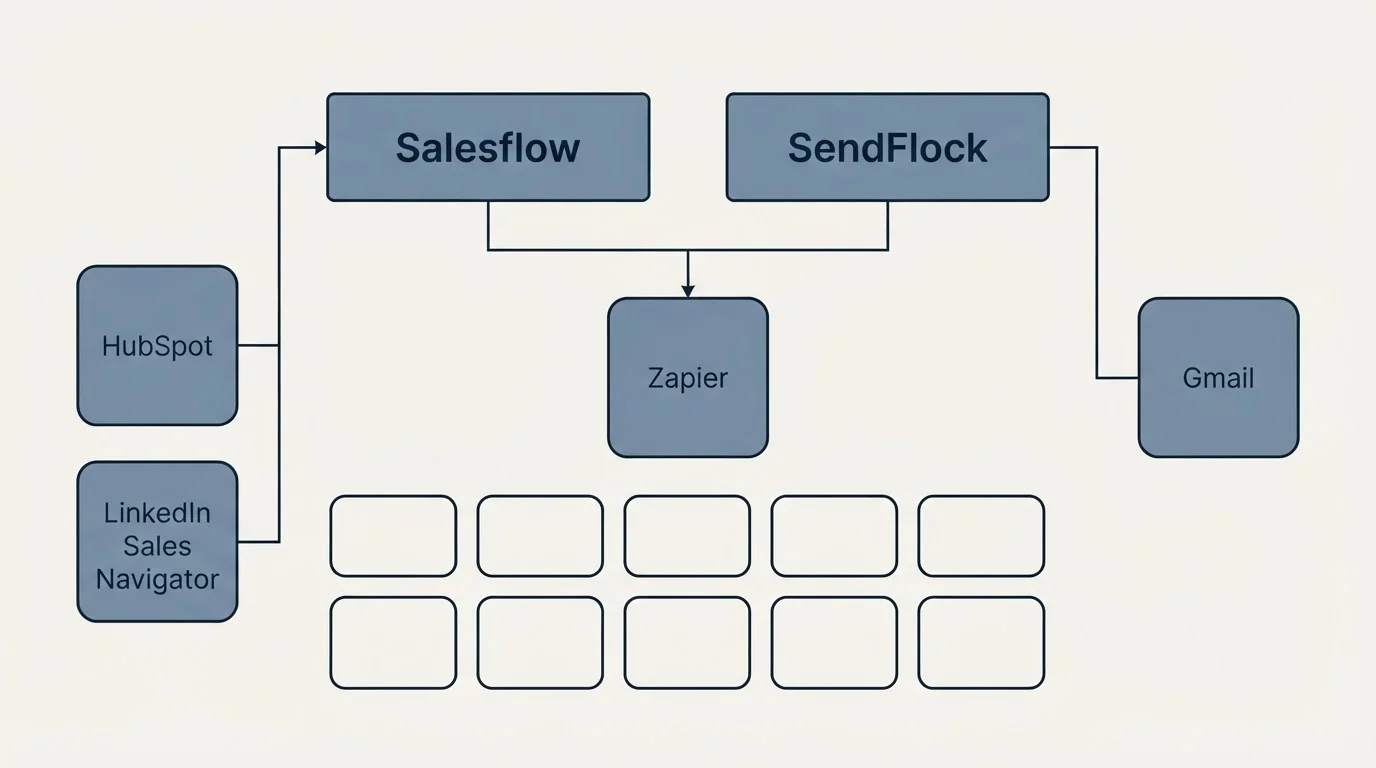Integration grid: Integration Ecosystem (Salesflow, SendFlock, Zapier, HubSpot)