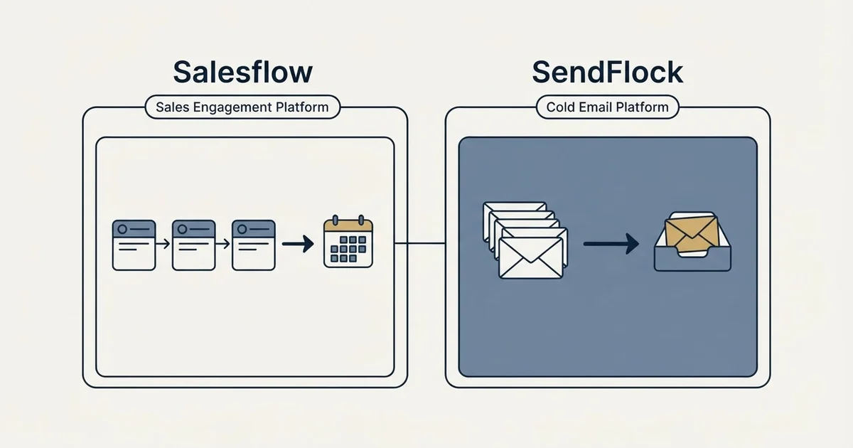 Side-by-side panels: Salesflow vs SendFlock (Sales Engagement Platform, Cold Email Platform)