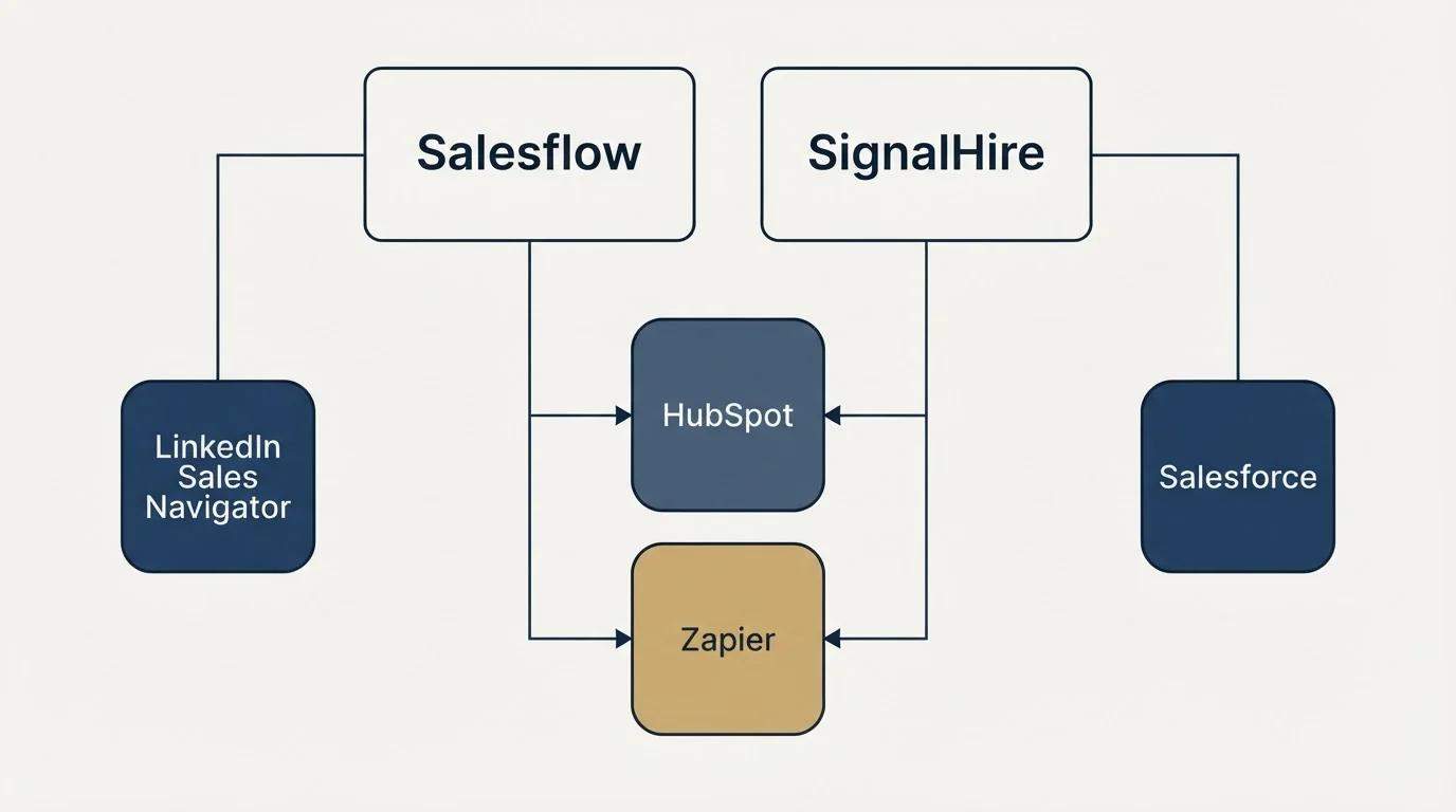 Integration grid: Integration Ecosystem (Salesflow, SignalHire, HubSpot, Zapier)