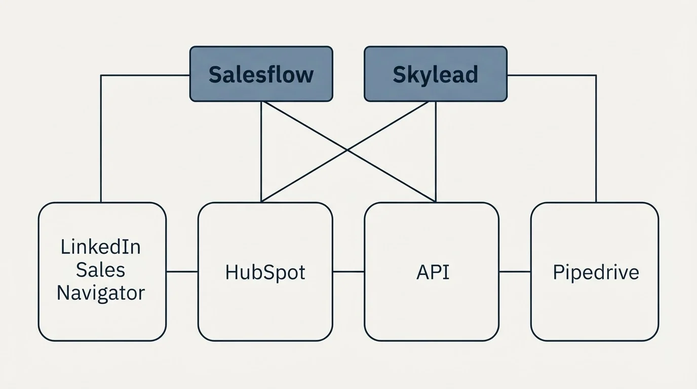 Integration grid: Integration Ecosystem (Salesflow, Skylead, HubSpot, API)