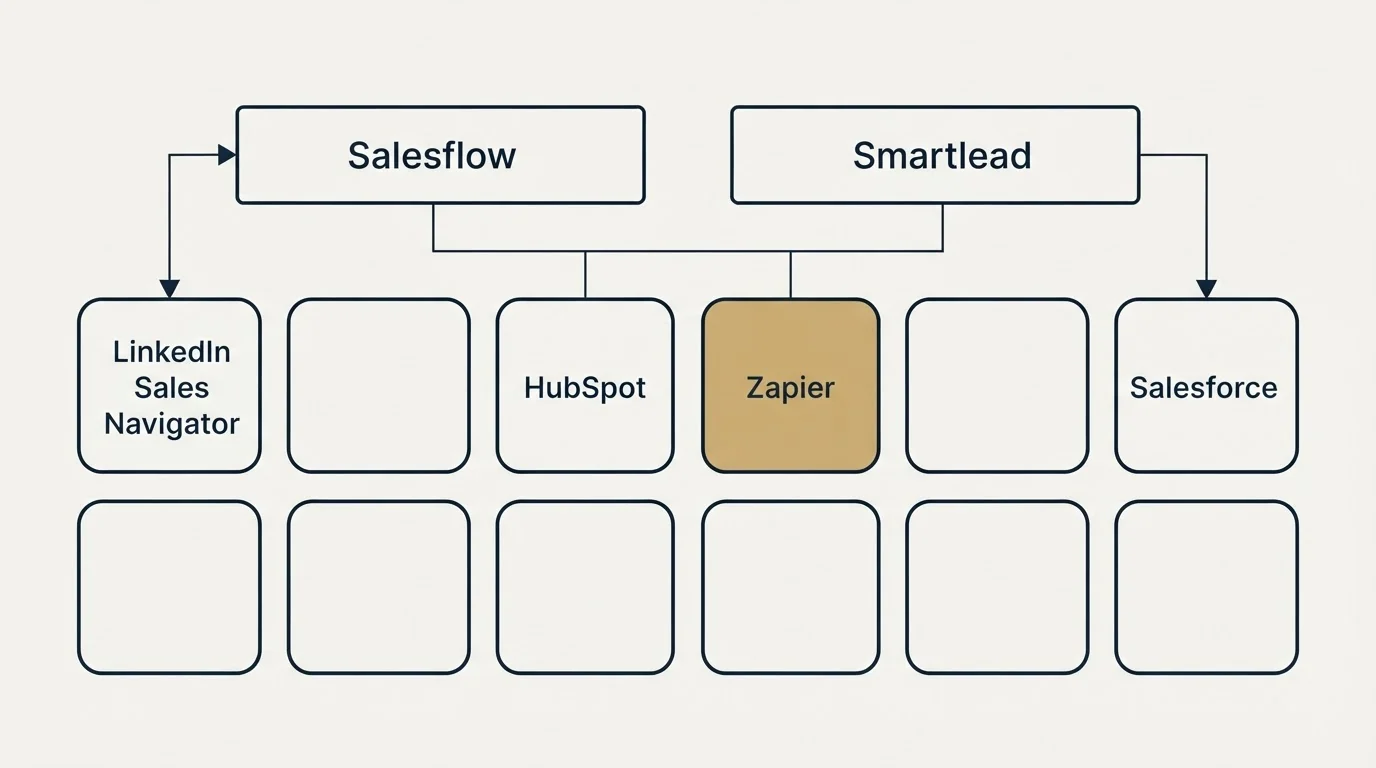 Integration grid: Integration Ecosystem (Salesflow, Smartlead, HubSpot, Zapier)