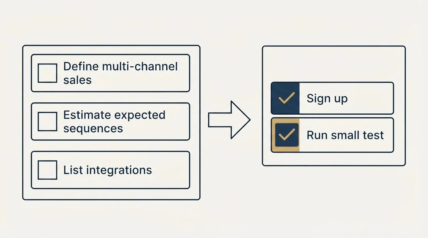 Before-and-after steps: Getting Started Checklist (Define multi-channel sales, Estimate expected sequences, List integrations, Sign up)