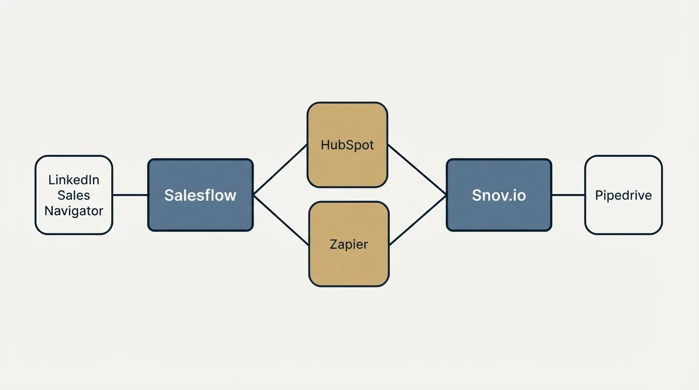 Integration schematic: Integration Ecosystem (Salesflow, Snov.io, HubSpot, Zapier)