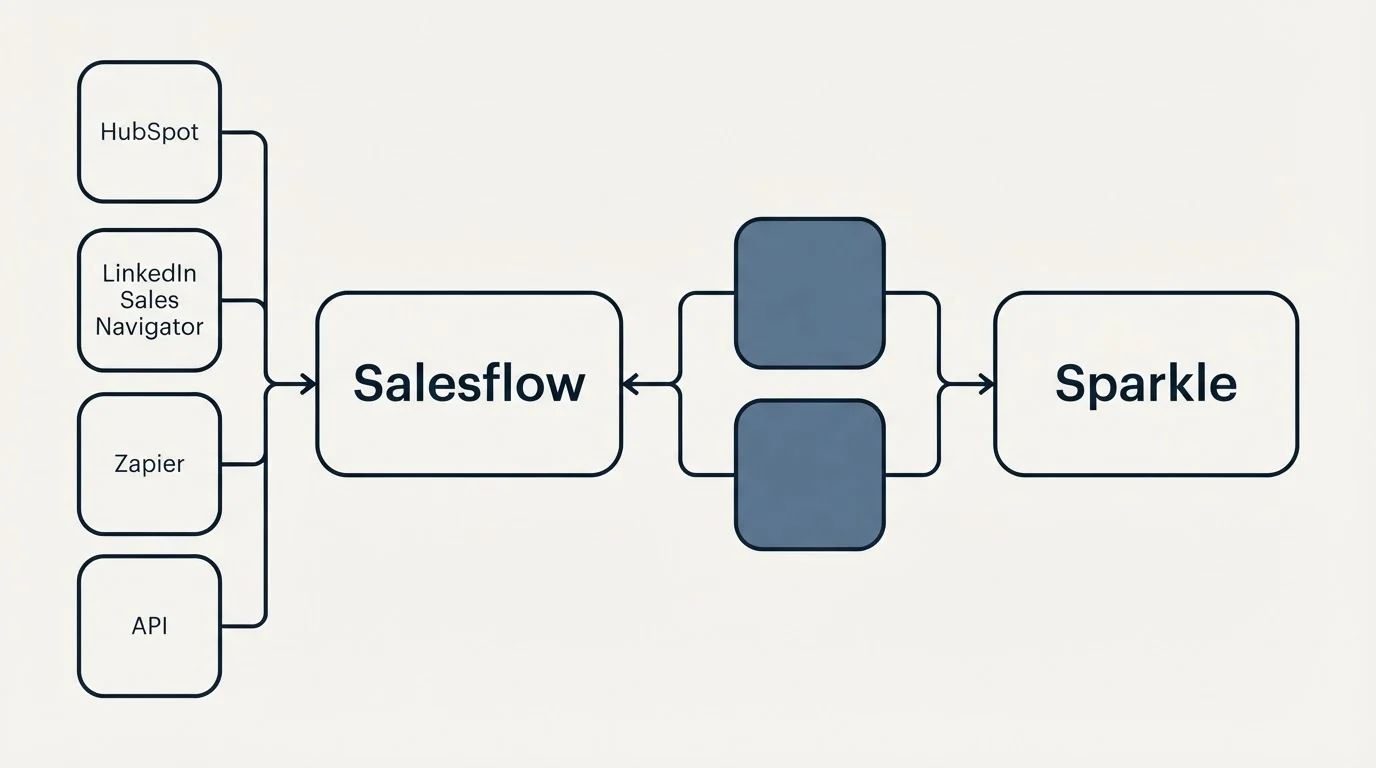 Integration schematic: Integration Ecosystem (Salesflow, Sparkle, HubSpot, LinkedIn Sales Navigator)