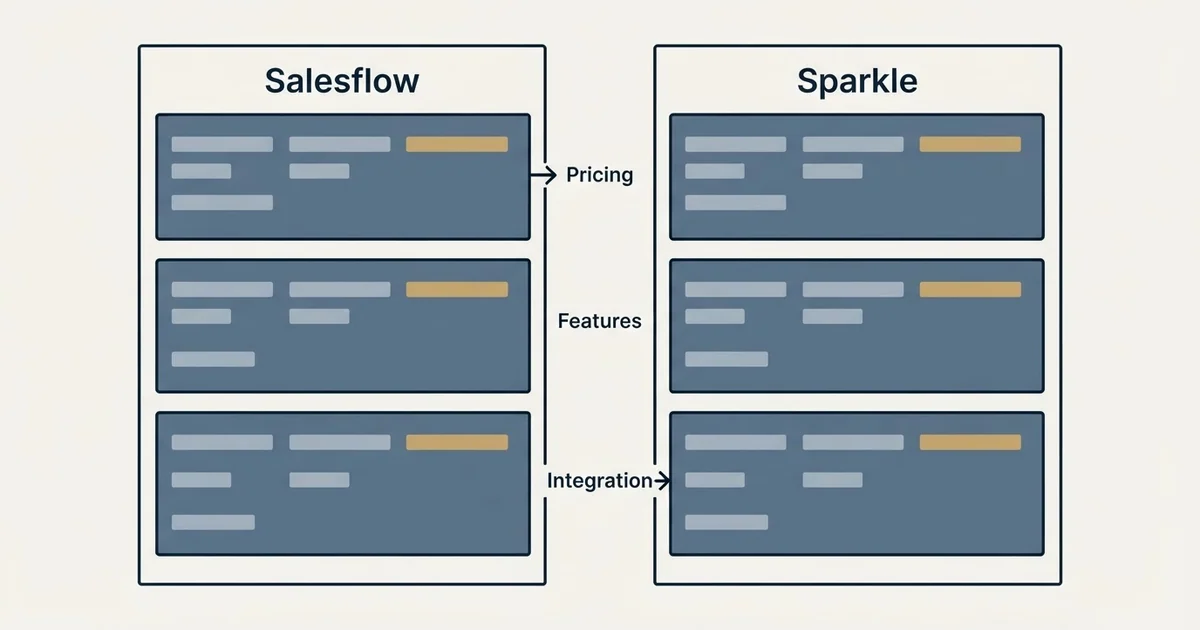 Comparison panel: Salesflow vs Sparkle (Pricing, Features, Integration)