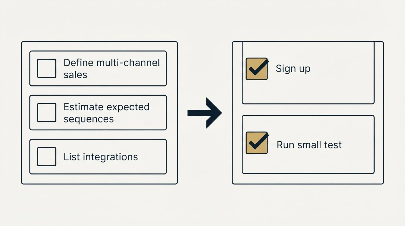Before-and-after steps: Getting Started Checklist (Define multi-channel sales, Estimate expected sequences, List integrations, Sign up)