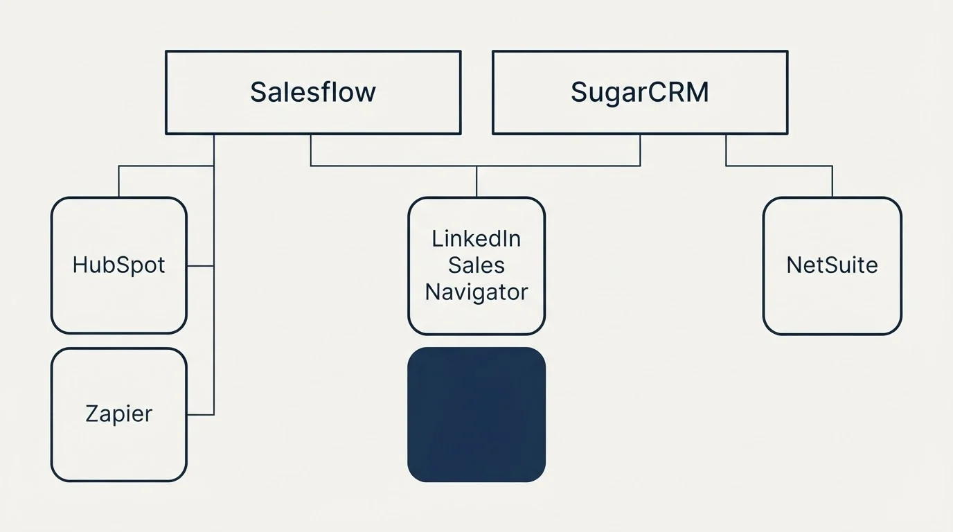 Integration grid: Integration Ecosystem (Salesflow, SugarCRM, LinkedIn Sales Navigator, HubSpot)