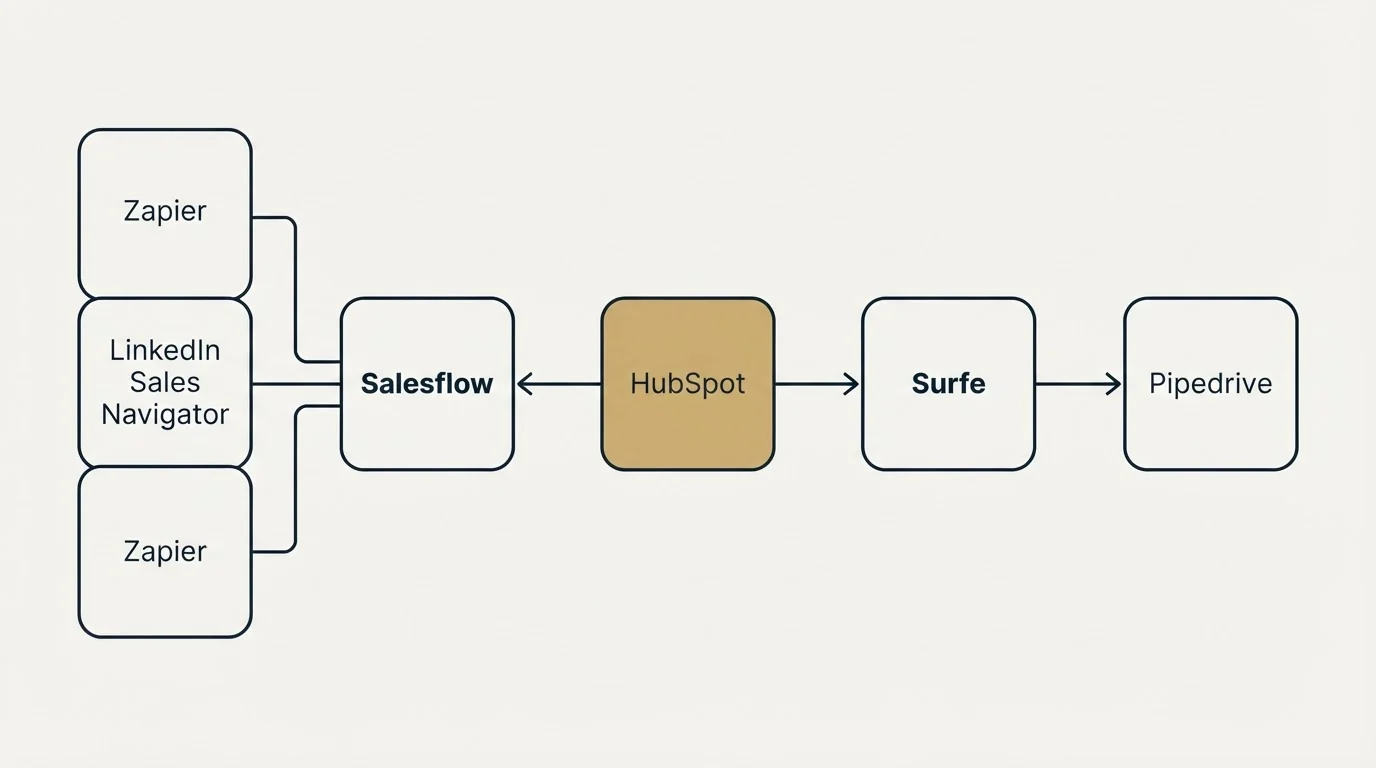Integration flow: Integration Ecosystem (Salesflow, Surfe, HubSpot, LinkedIn Sales Navigator)