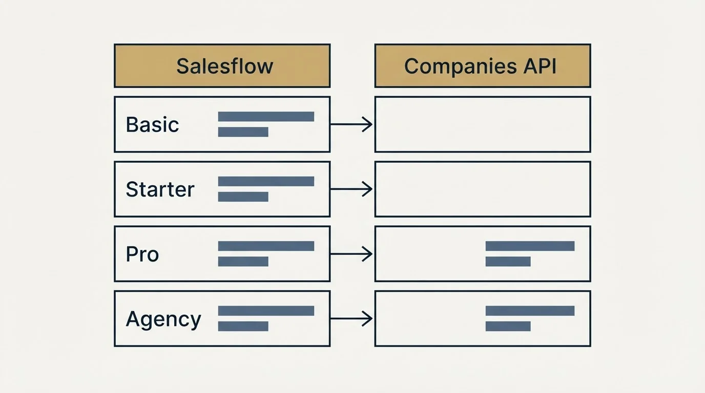 Pricing table: Pricing Comparison (Salesflow, Companies API, Basic, Starter)
